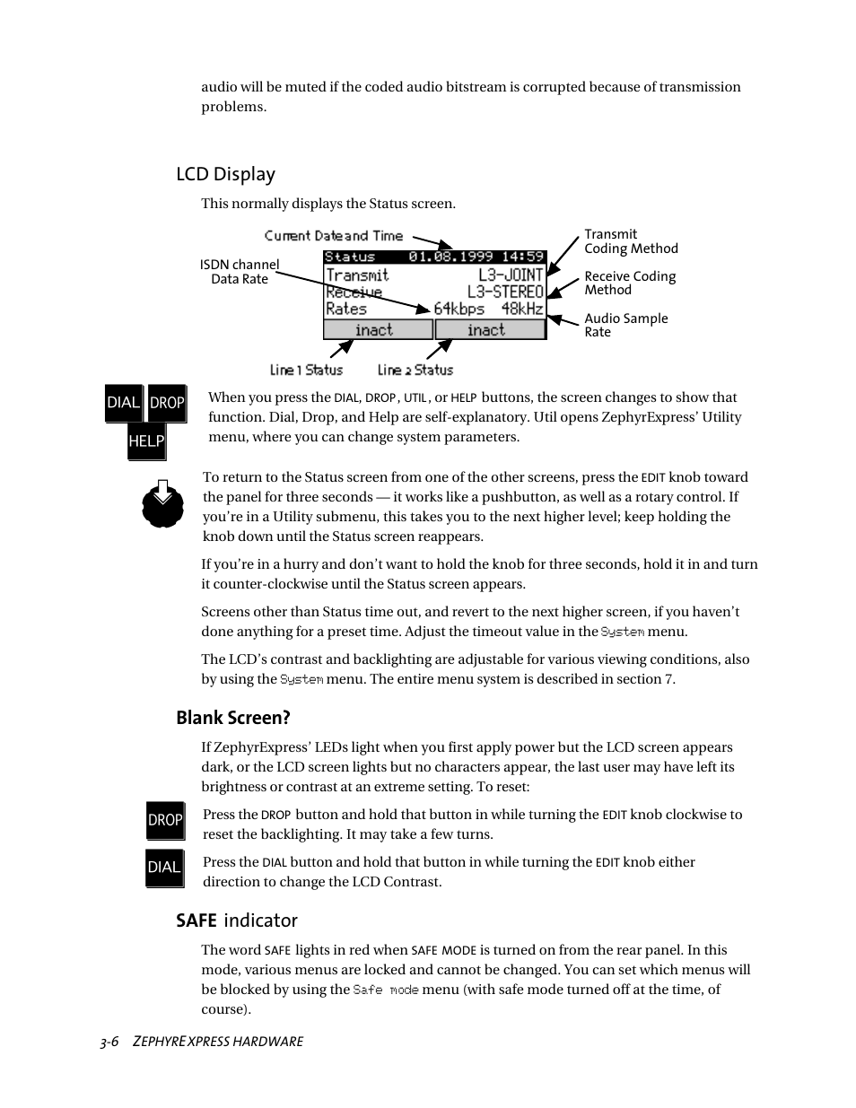 Dp l, Blank screen, Safe indicator | Lcd display | Telos ZephyrExpress User Manual | Page 47 / 186