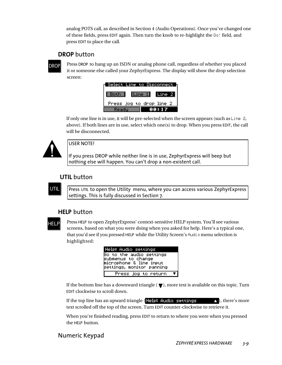 Util button u, Help button l, Numeric keypad drop button p | Telos ZephyrExpress User Manual | Page 50 / 186