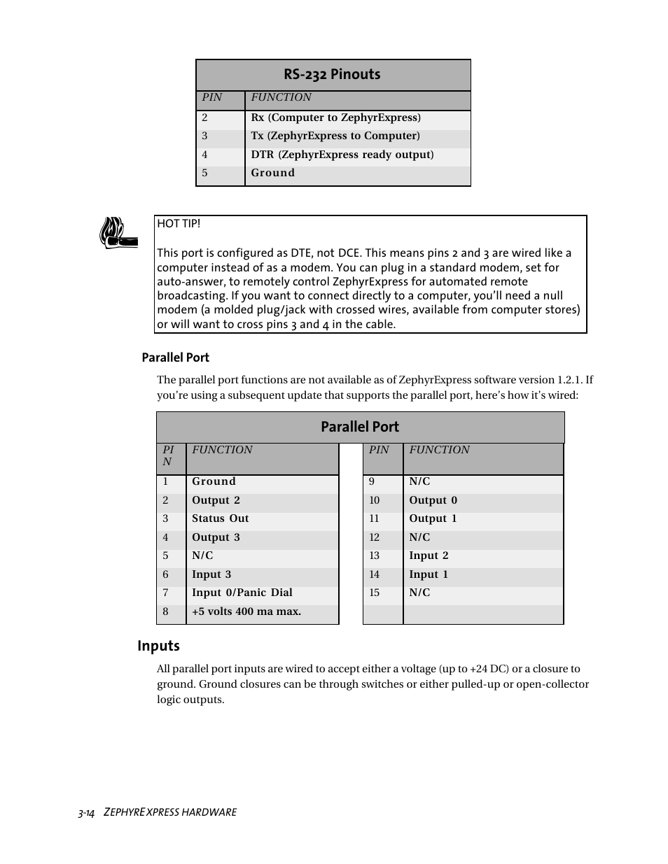 Rs-232 pinouts, Parallel port, Inputs | Telos ZephyrExpress User Manual | Page 55 / 186