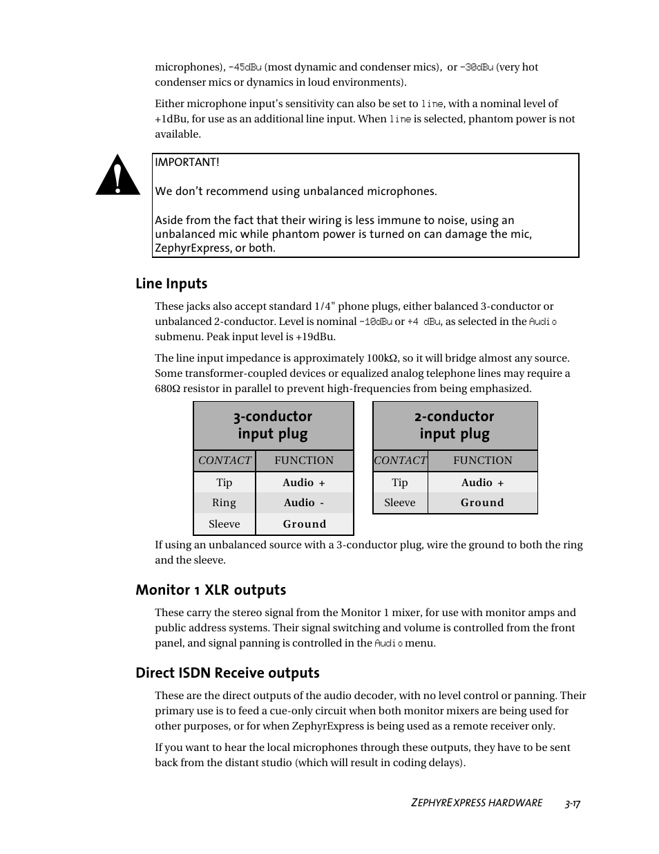 Line inputs, Conductor input plug 2-conductor input plug, Monitor 1 xlr outputs | Direct isdn receive outputs | Telos ZephyrExpress User Manual | Page 58 / 186