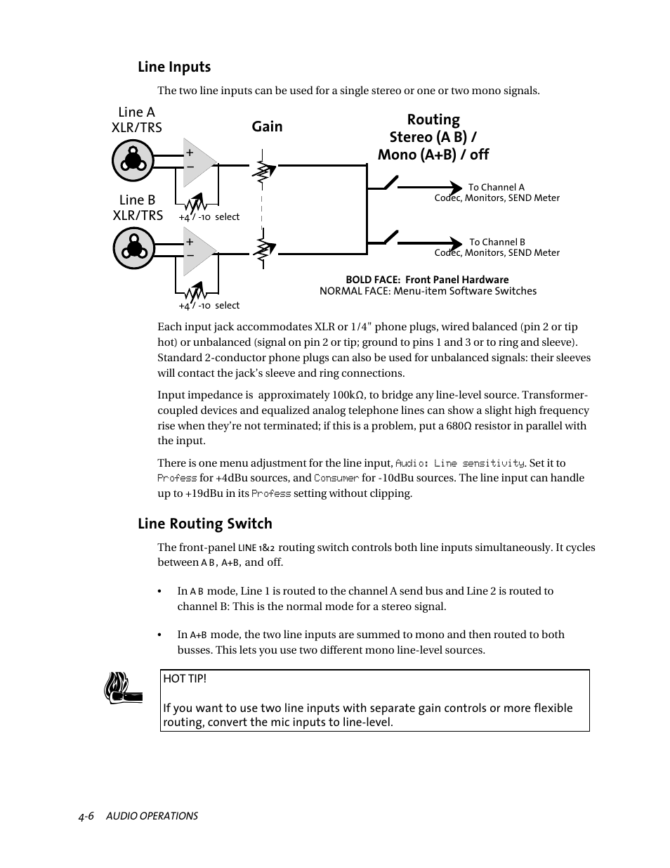 Line inputs, Routing stereo (a b) / mono (a+b) / off, Gain | Line routing switch | Telos ZephyrExpress User Manual | Page 68 / 186