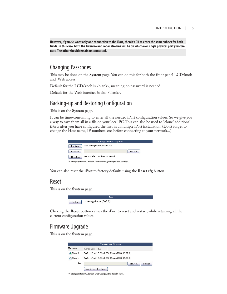 Changing passcodes, Backing-up and restoring configuration, Reset | Firmware upgrade | Telos Zephyr iPort User Manual | Page 11 / 39