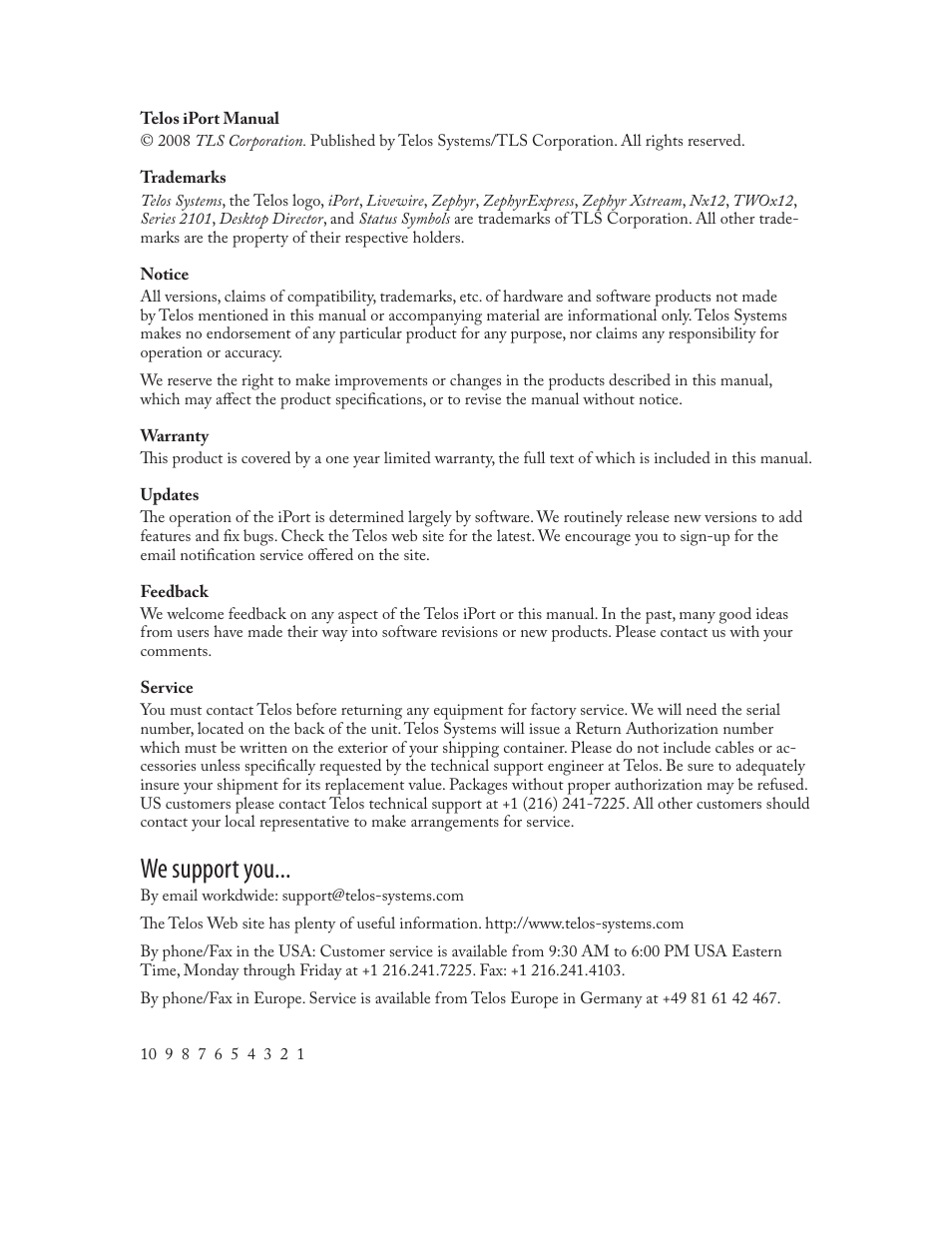 We support you | Telos Zephyr iPort User Manual | Page 2 / 39