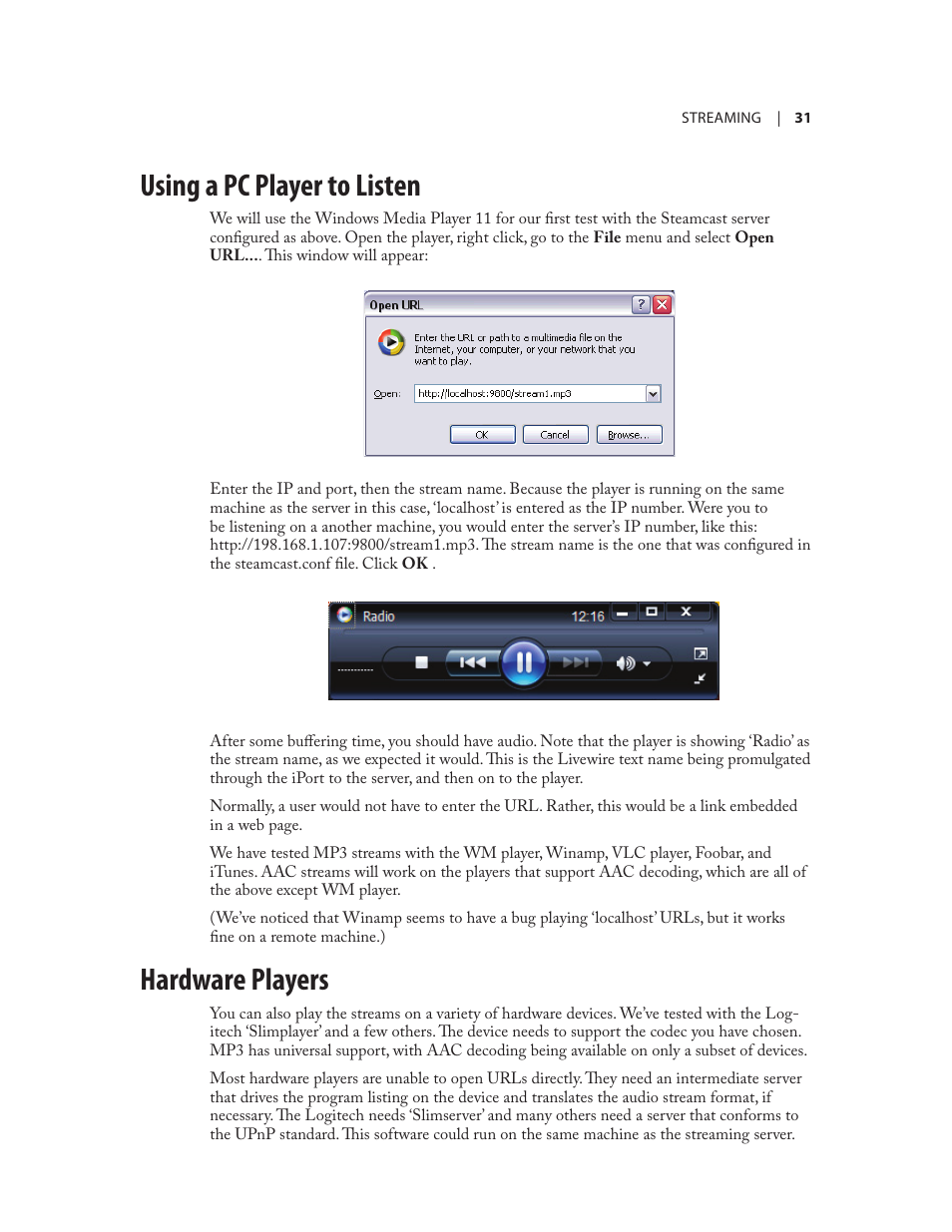 Using a pc player to listen, Hardware players | Telos Zephyr iPort User Manual | Page 37 / 39