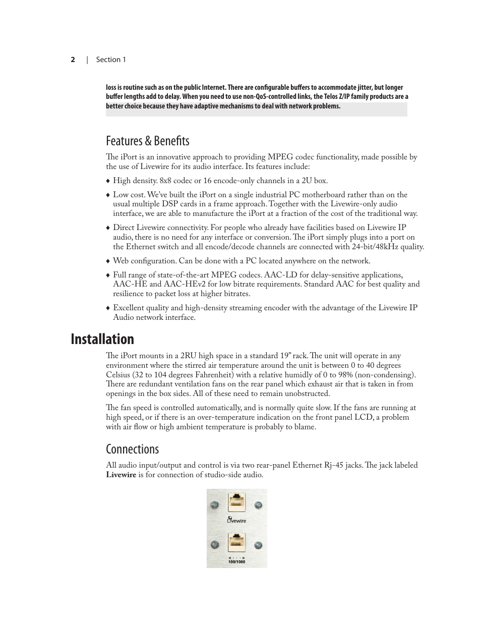 Installation, Features & benefits, Connections | Telos Zephyr iPort User Manual | Page 8 / 39