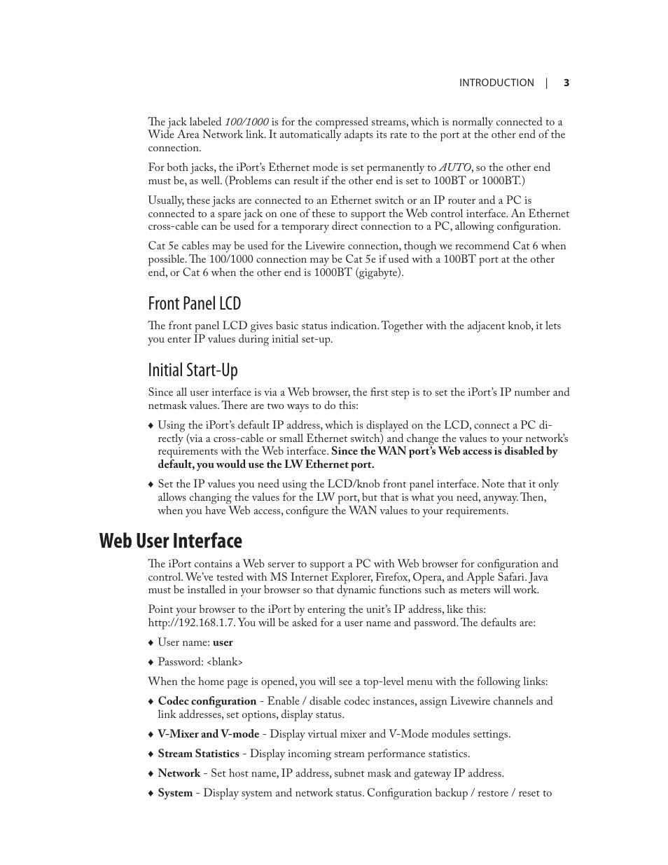 Web user interface, Front panel lcd, Initial start-up | Telos Zephyr iPort User Manual | Page 9 / 39