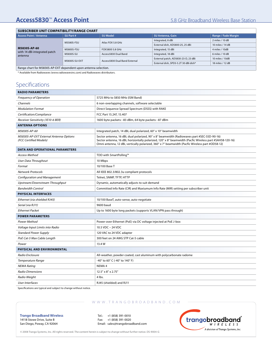 Access5830, Access point, Specifications | 8 ghz broadband wireless base station | Trango Broadband Access5830TM AP User Manual | Page 2 / 2