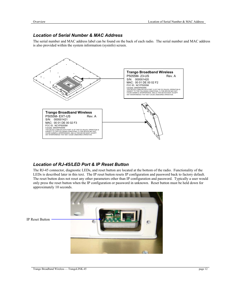 Location of serial number & mac address, Location of rj-45/led port & ip reset button | Trango Broadband TrangoLINK-45TM User Manual | Page 12 / 54