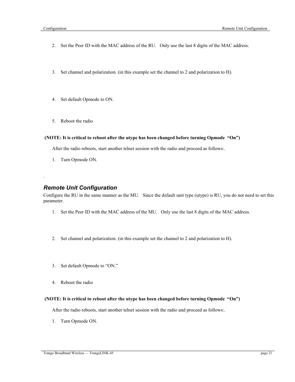Remote unit configuration | Trango Broadband TrangoLINK-45TM User Manual | Page 21 / 54