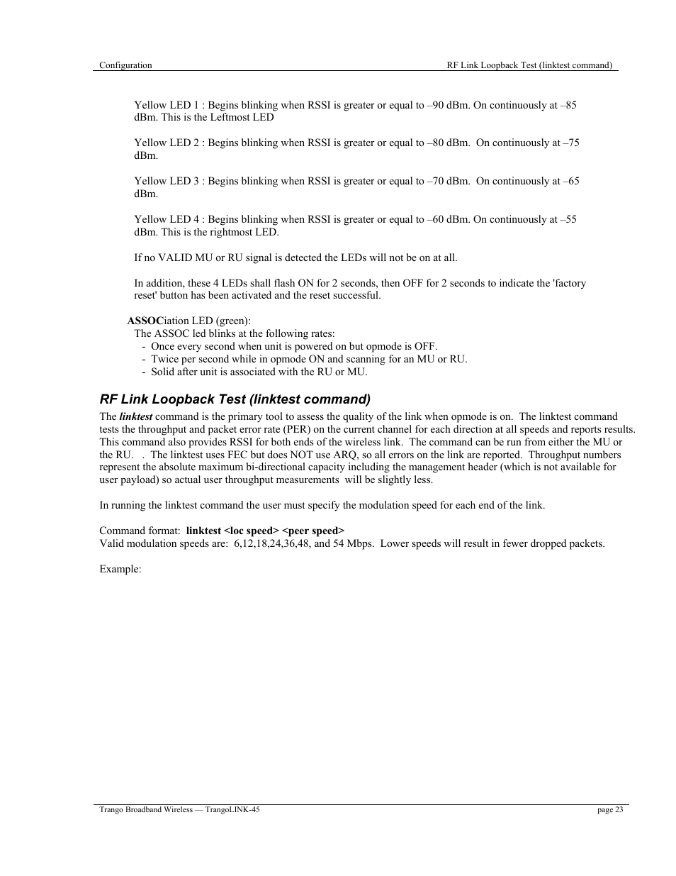 Rf link loopback test (linktest command) | Trango Broadband TrangoLINK-45TM User Manual | Page 23 / 54