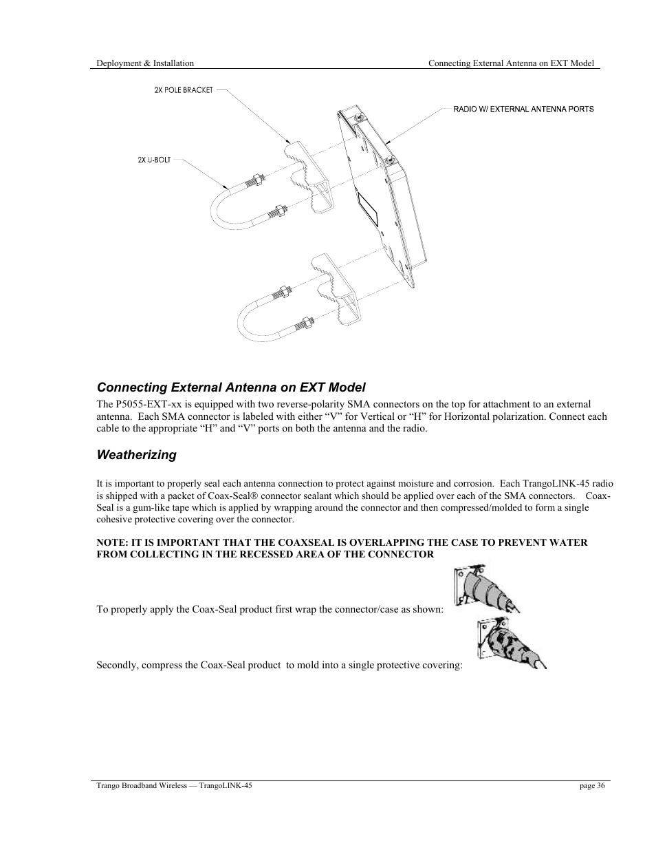 Connecting external antenna on ext model, Weatherizing | Trango Broadband TrangoLINK-45TM User Manual | Page 36 / 54