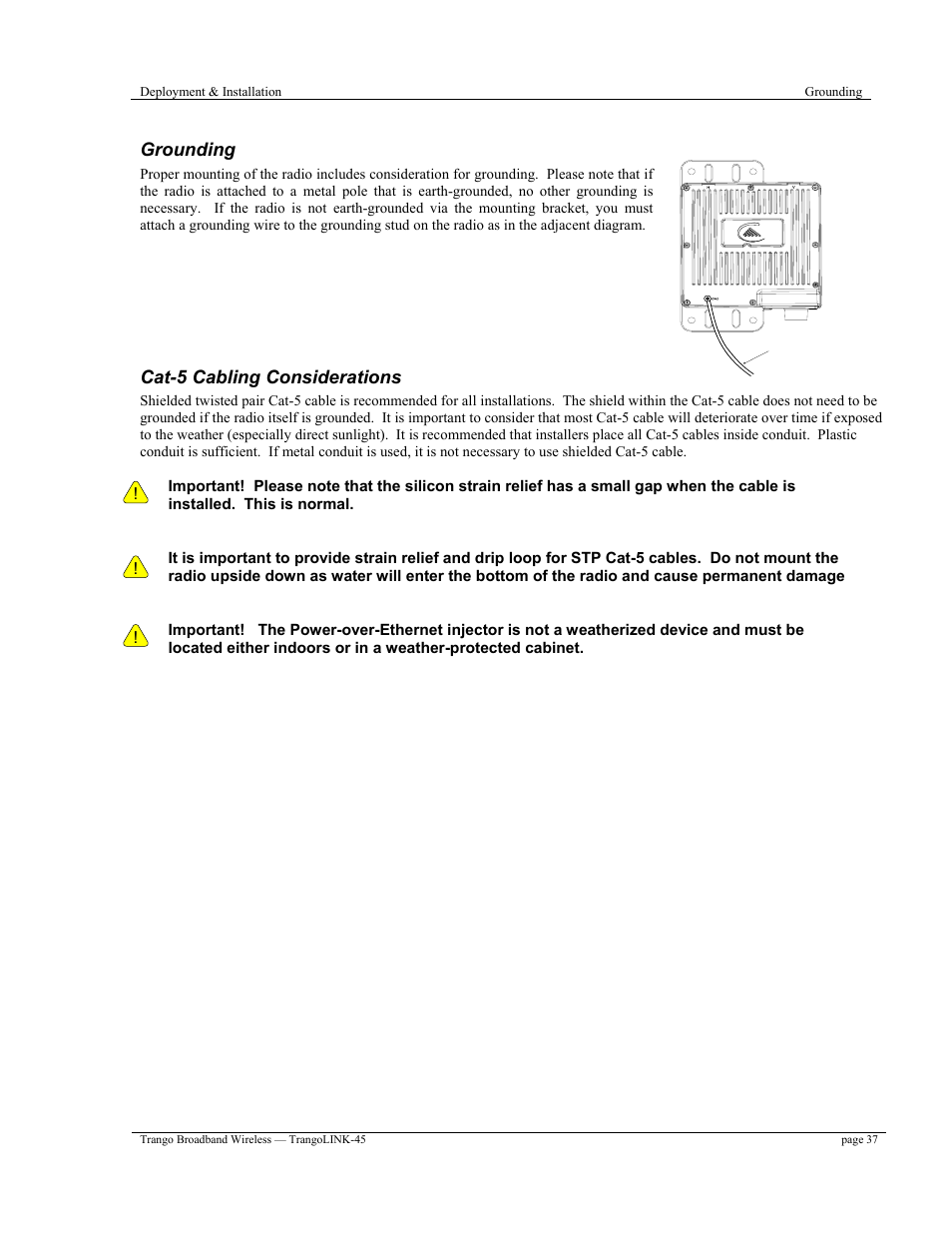 Grounding, Cat-5 cabling considerations | Trango Broadband TrangoLINK-45TM User Manual | Page 37 / 54