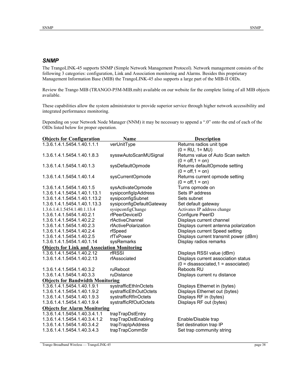 Chapter 5 snmp | Trango Broadband TrangoLINK-45TM User Manual | Page 38 / 54