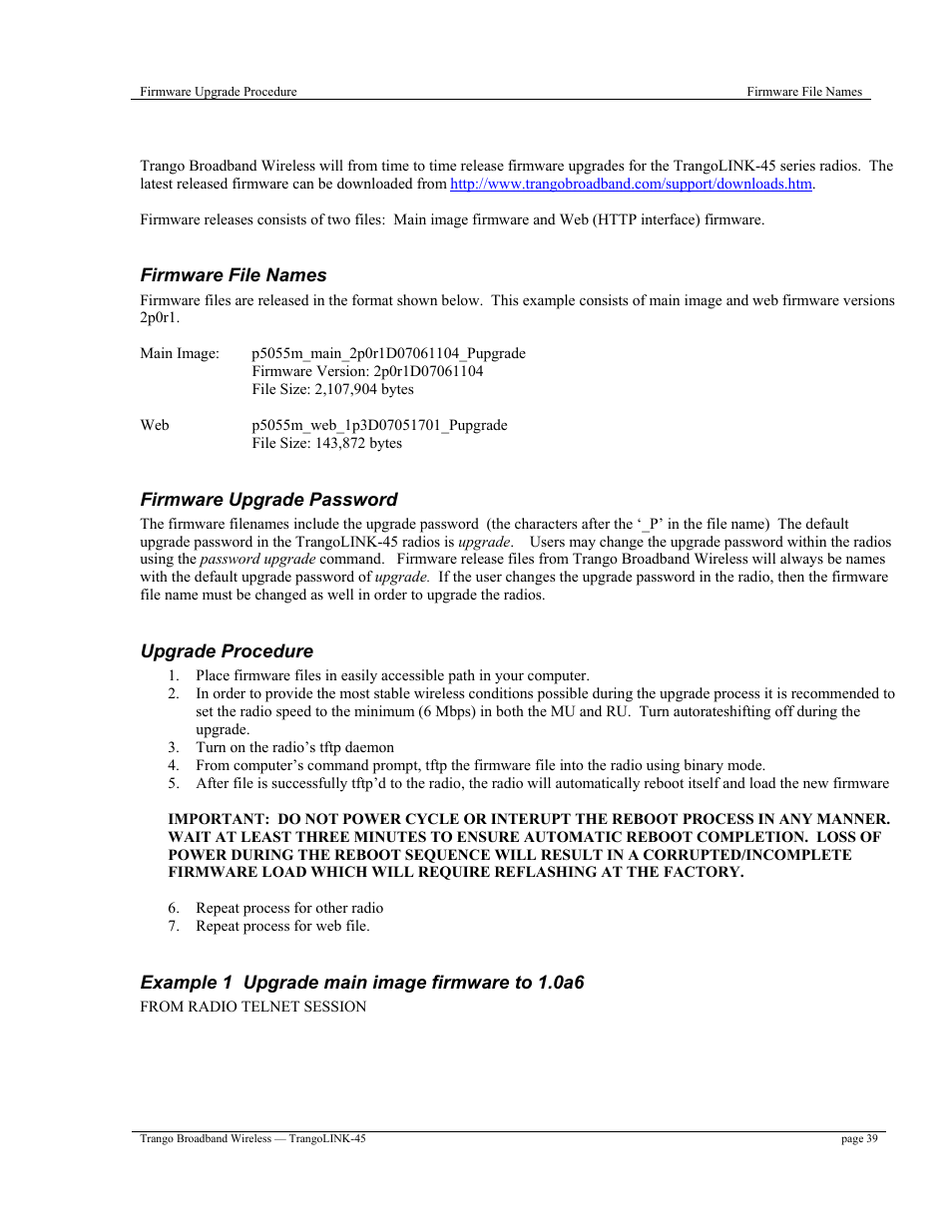 Chapter 6 firmware upgrade procedure | Trango Broadband TrangoLINK-45TM User Manual | Page 39 / 54