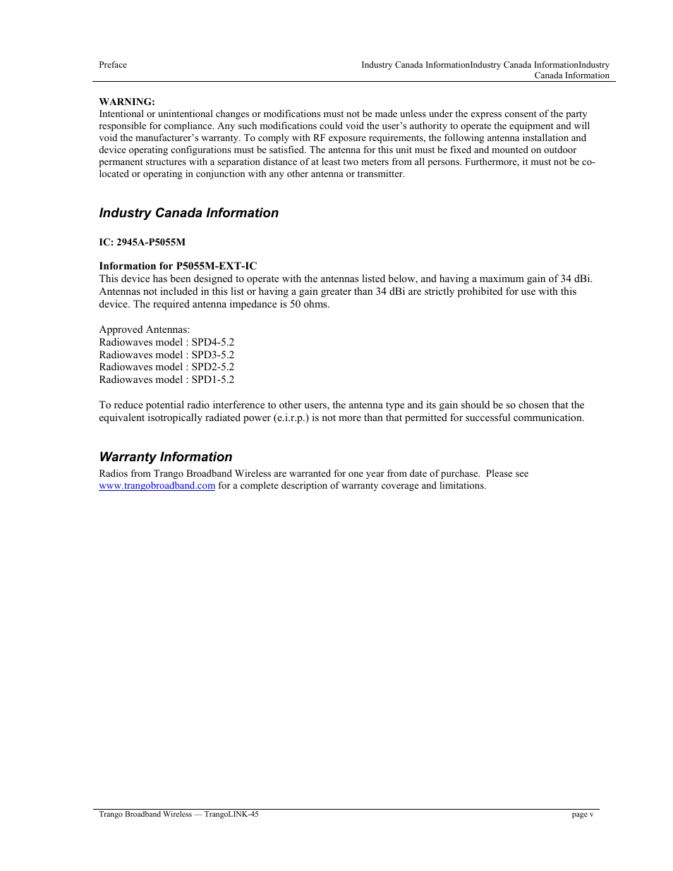 Industry canada information, Warranty information | Trango Broadband TrangoLINK-45TM User Manual | Page 5 / 54