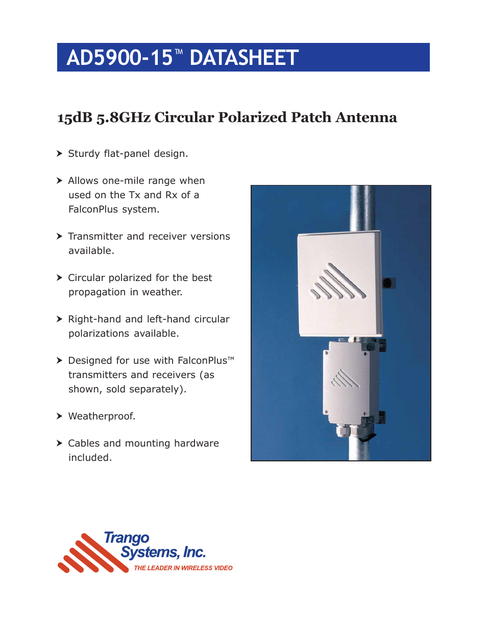 Trango Broadband Circular Polarized Patch Antenna AD5900-15-R User Manual | 2 pages