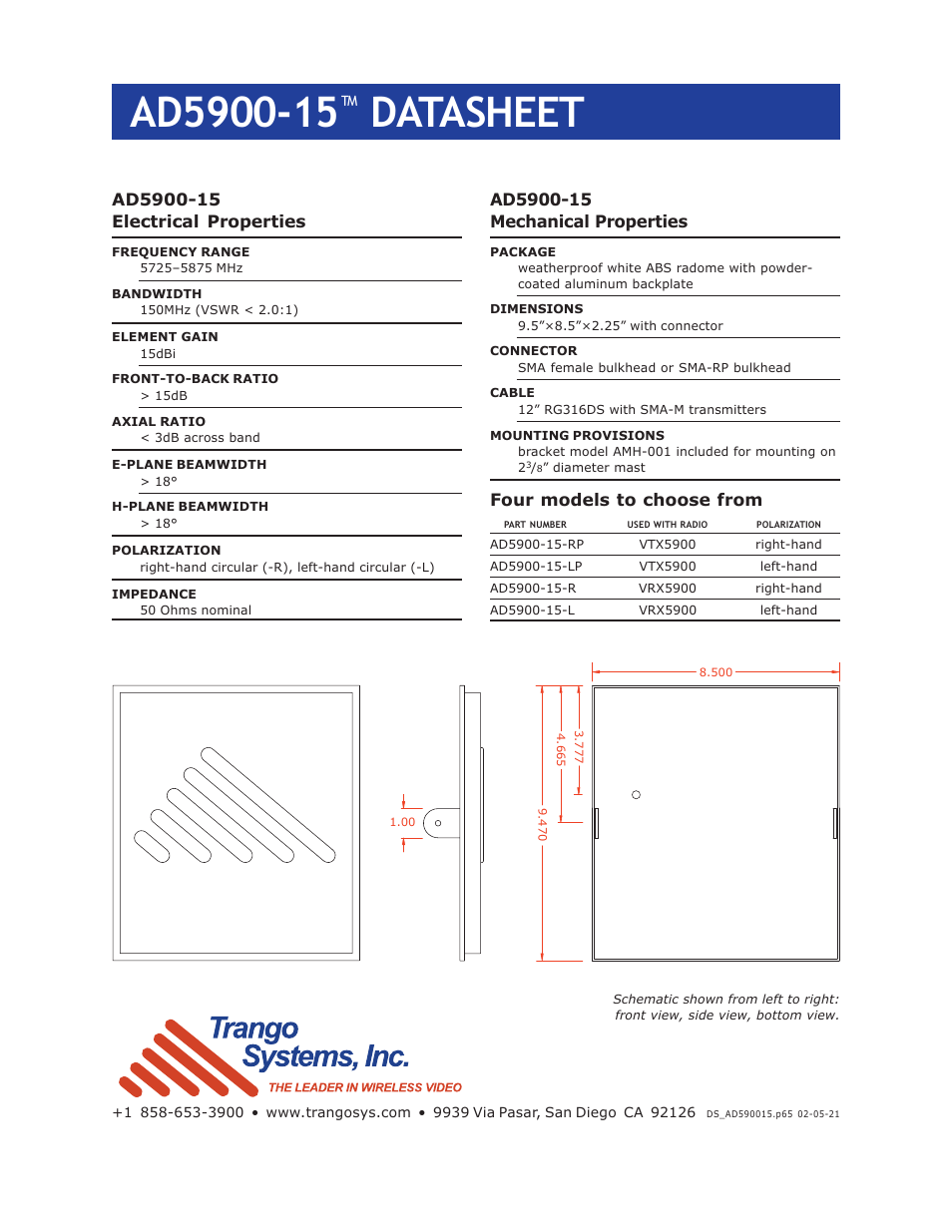 Datasheet, Four models to choose from | Trango Broadband Circular Polarized Patch Antenna AD5900-15-R User Manual | Page 2 / 2