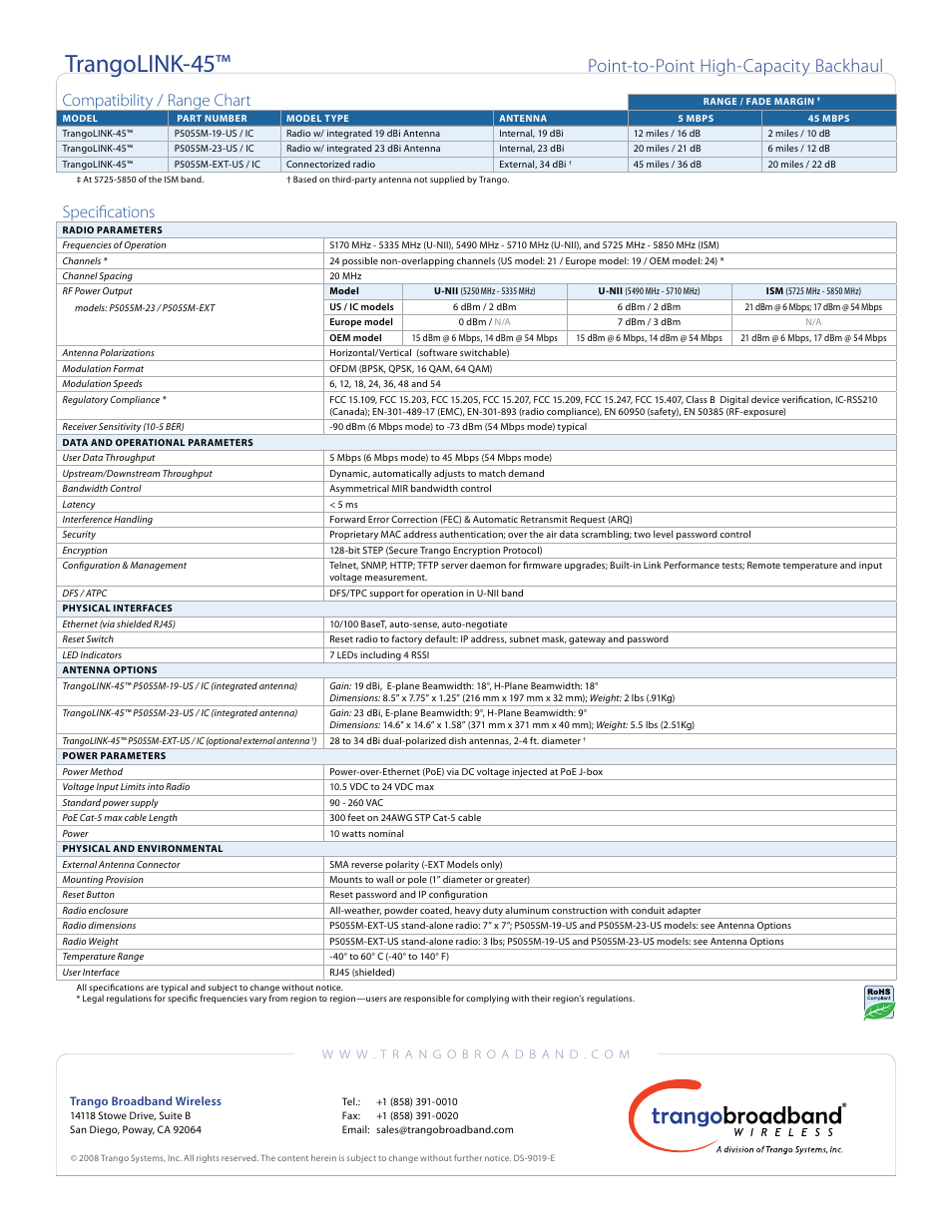 Trangolink-45, Point-to-point high-capacity backhaul, Specifications | Compatibility / range chart | Trango Broadband TrangoLink-45 User Manual | Page 2 / 2