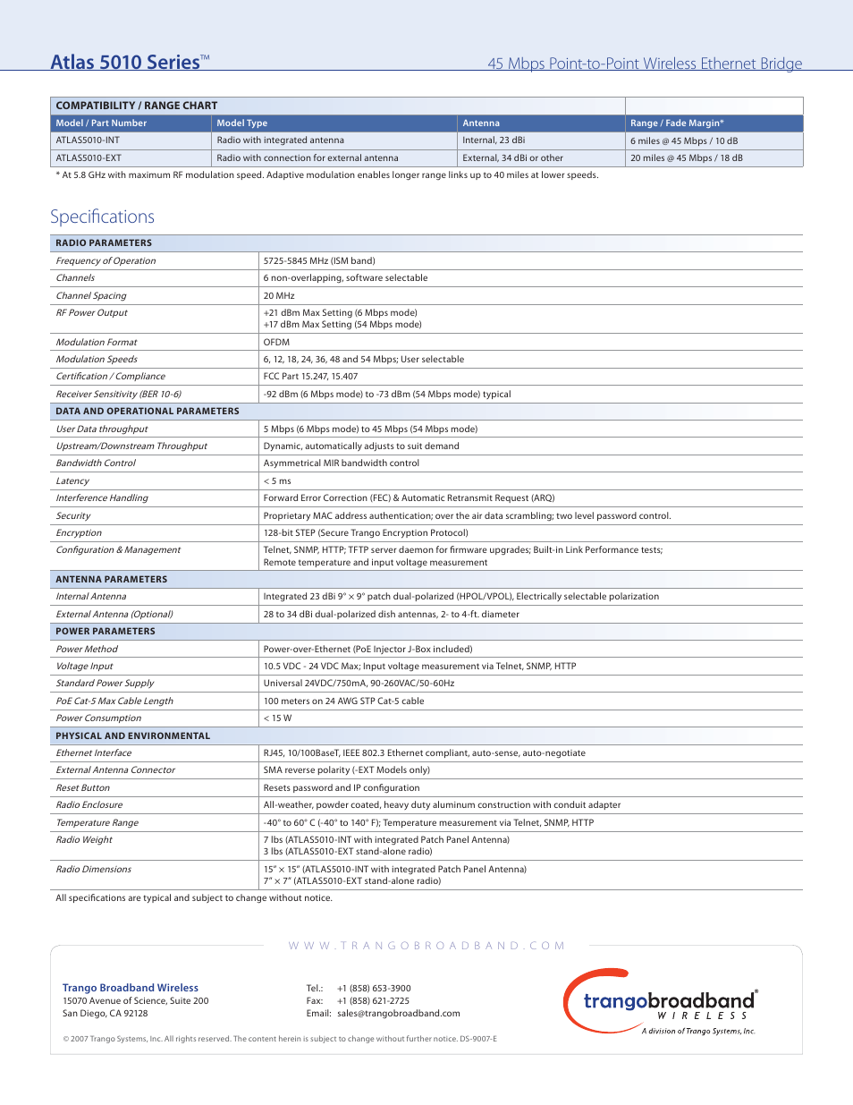 Atlas 5010 series, Specifi cations, 45 mbps point-to-point wireless ethernet bridge | Trango Broadband Atlas5010 User Manual | Page 2 / 2