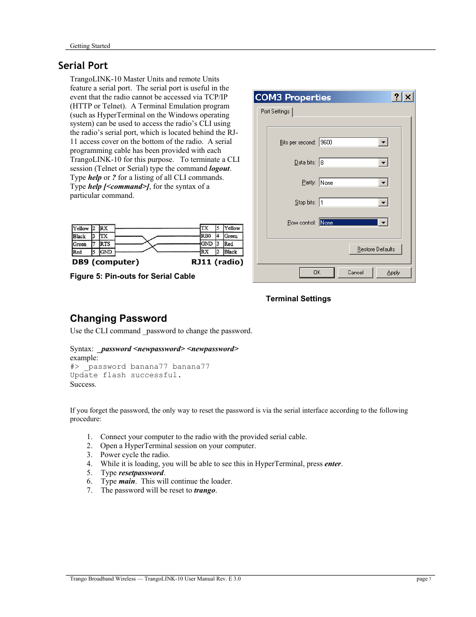 Serial port, Changing password | Trango Broadband TrangoLink-10 User Manual | Page 11 / 33