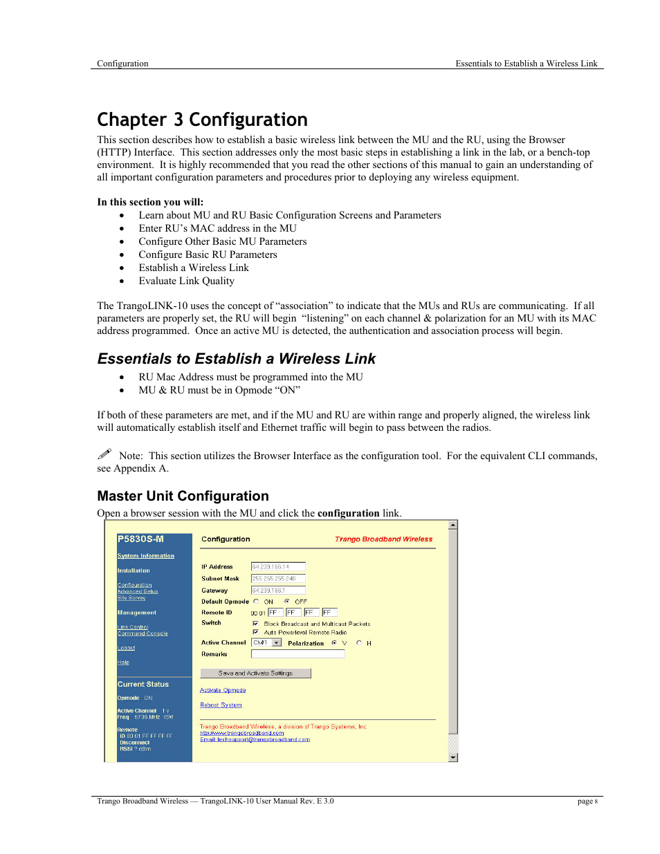 Chapter 3 configuration, Essentials to establish a wireless link, Master unit configuration | Trango Broadband TrangoLink-10 User Manual | Page 12 / 33