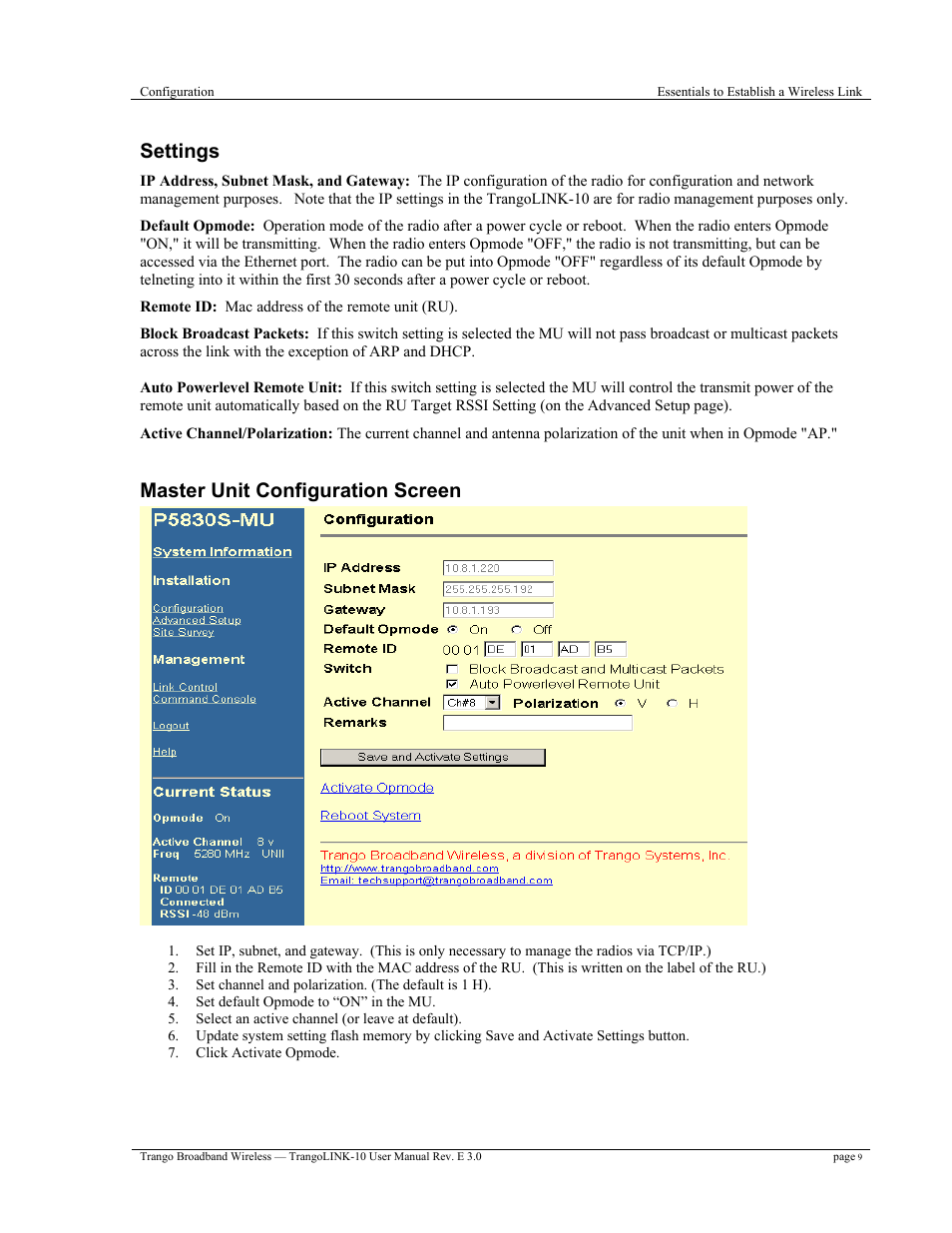 Settings, Master unit configuration screen | Trango Broadband TrangoLink-10 User Manual | Page 13 / 33