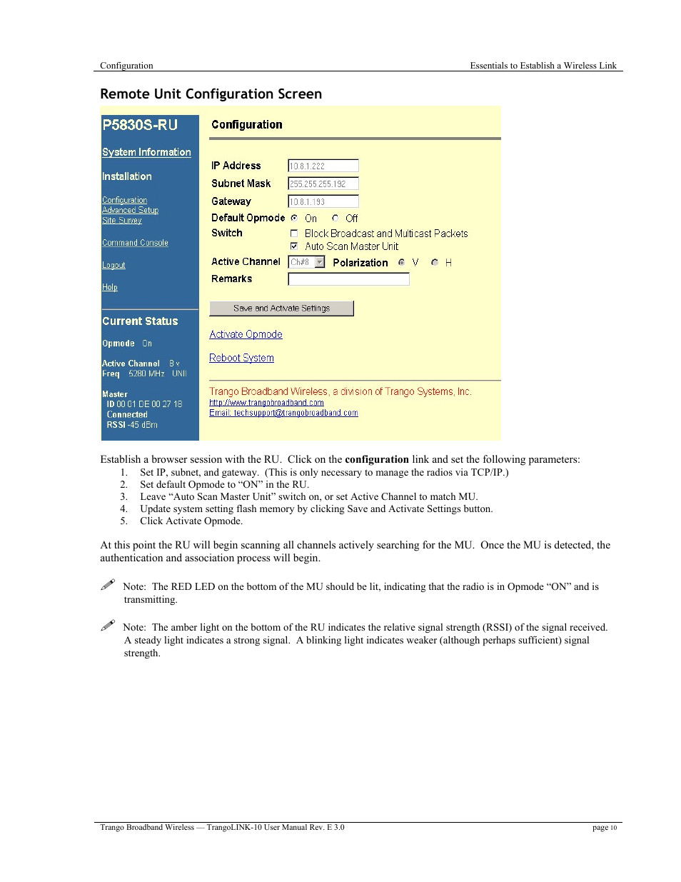 Remote unit configuration screen | Trango Broadband TrangoLink-10 User Manual | Page 14 / 33