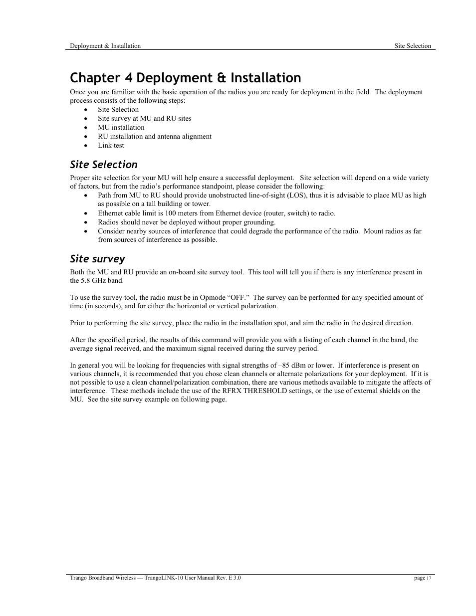 Chapter 4 deployment & installation, Site selection, Site survey | Trango Broadband TrangoLink-10 User Manual | Page 21 / 33