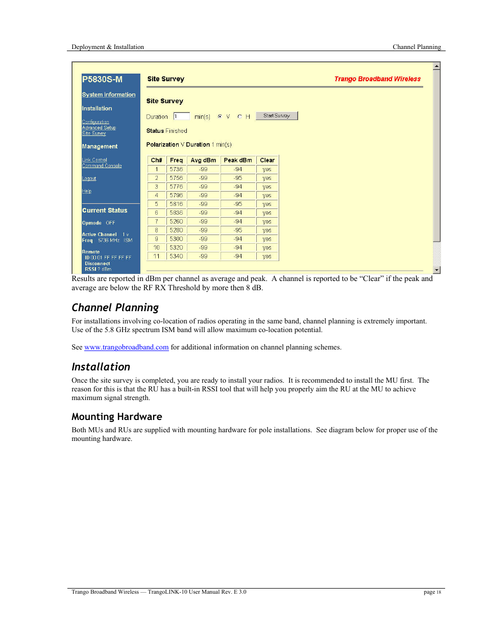 Channel planning, Installation, Mounting hardware | Trango Broadband TrangoLink-10 User Manual | Page 22 / 33