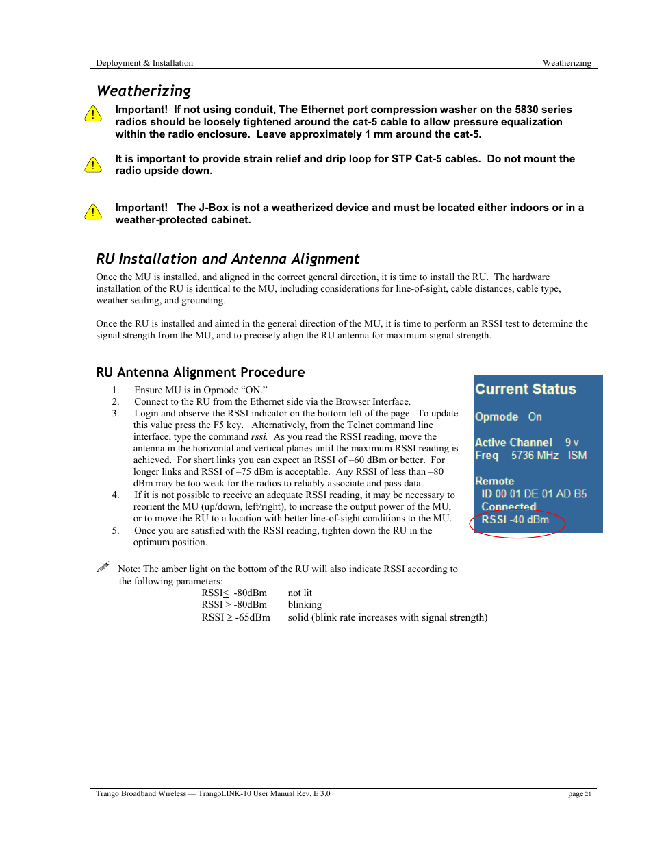 Weatherizing, Ru installation and antenna alignment, Ru antenna alignment procedure | Trango Broadband TrangoLink-10 User Manual | Page 25 / 33