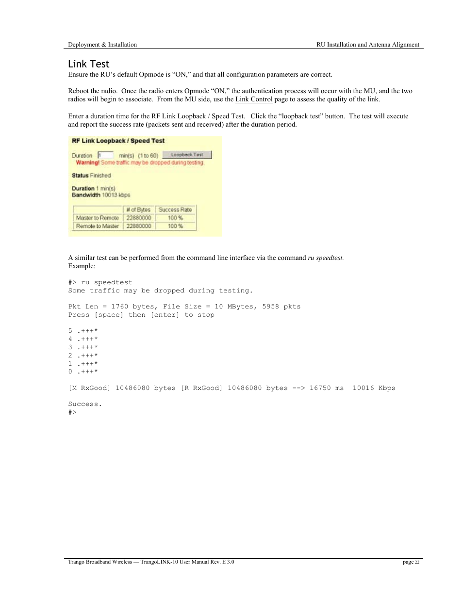 Link test | Trango Broadband TrangoLink-10 User Manual | Page 26 / 33