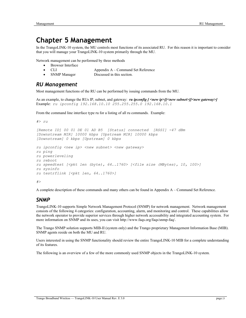 Chapter 5 management, Ru management, Snmp | Trango Broadband TrangoLink-10 User Manual | Page 27 / 33