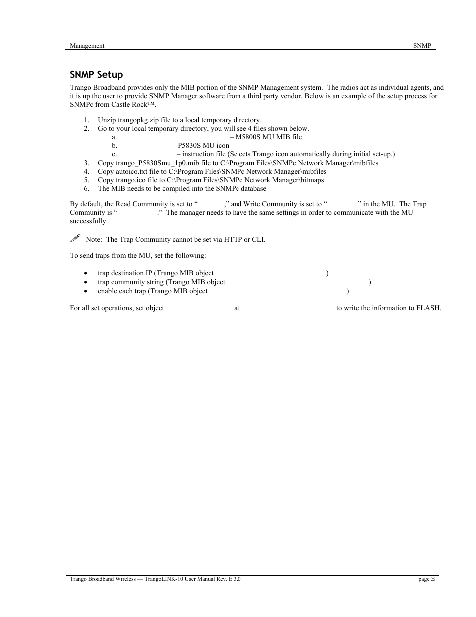 Snmp setup | Trango Broadband TrangoLink-10 User Manual | Page 29 / 33
