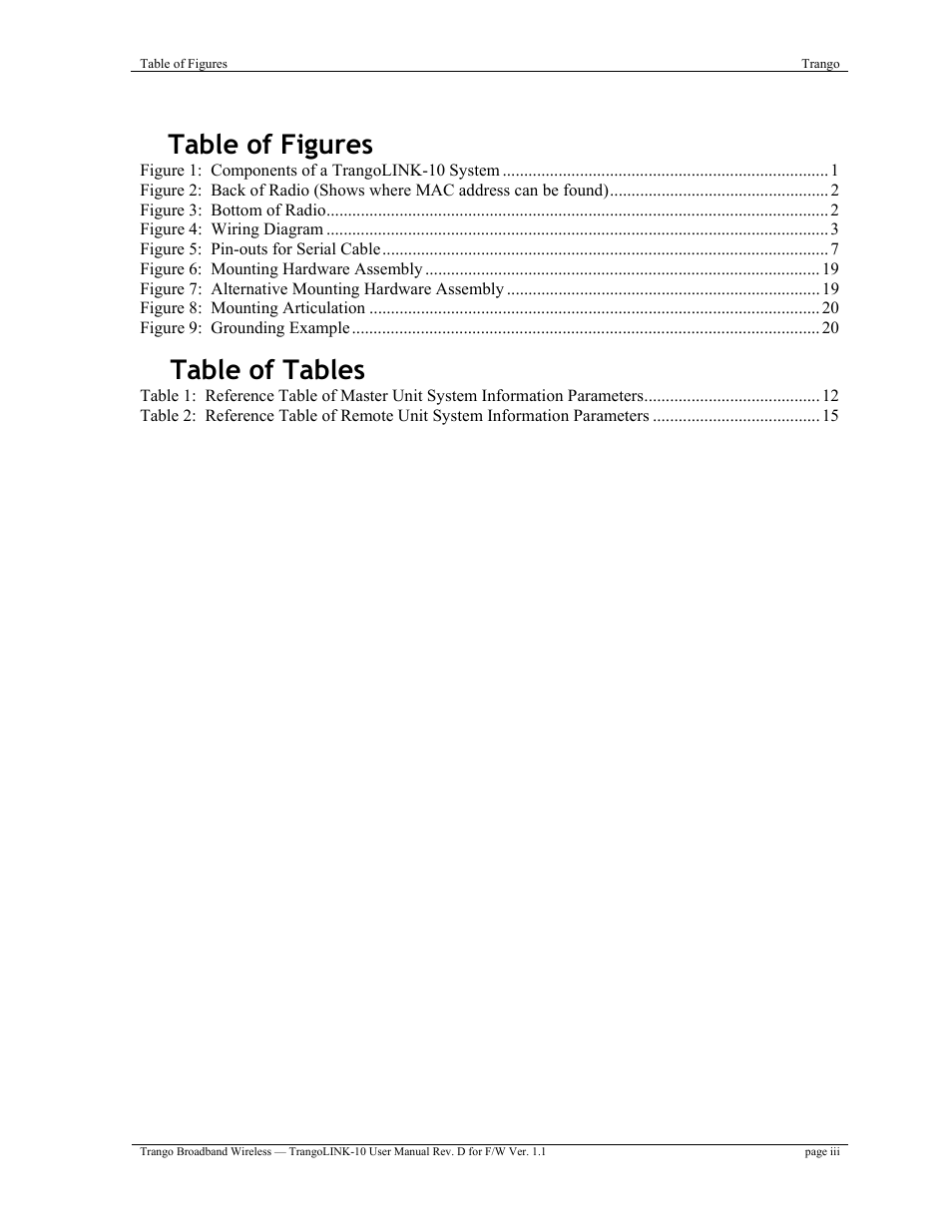 Table of figures, Table of tables | Trango Broadband TrangoLink-10 User Manual | Page 3 / 33