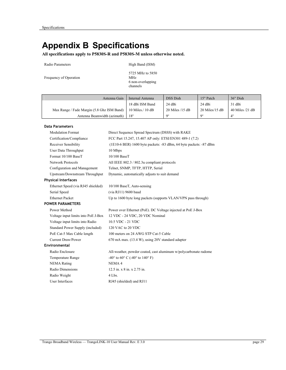Appendix b specifications | Trango Broadband TrangoLink-10 User Manual | Page 33 / 33
