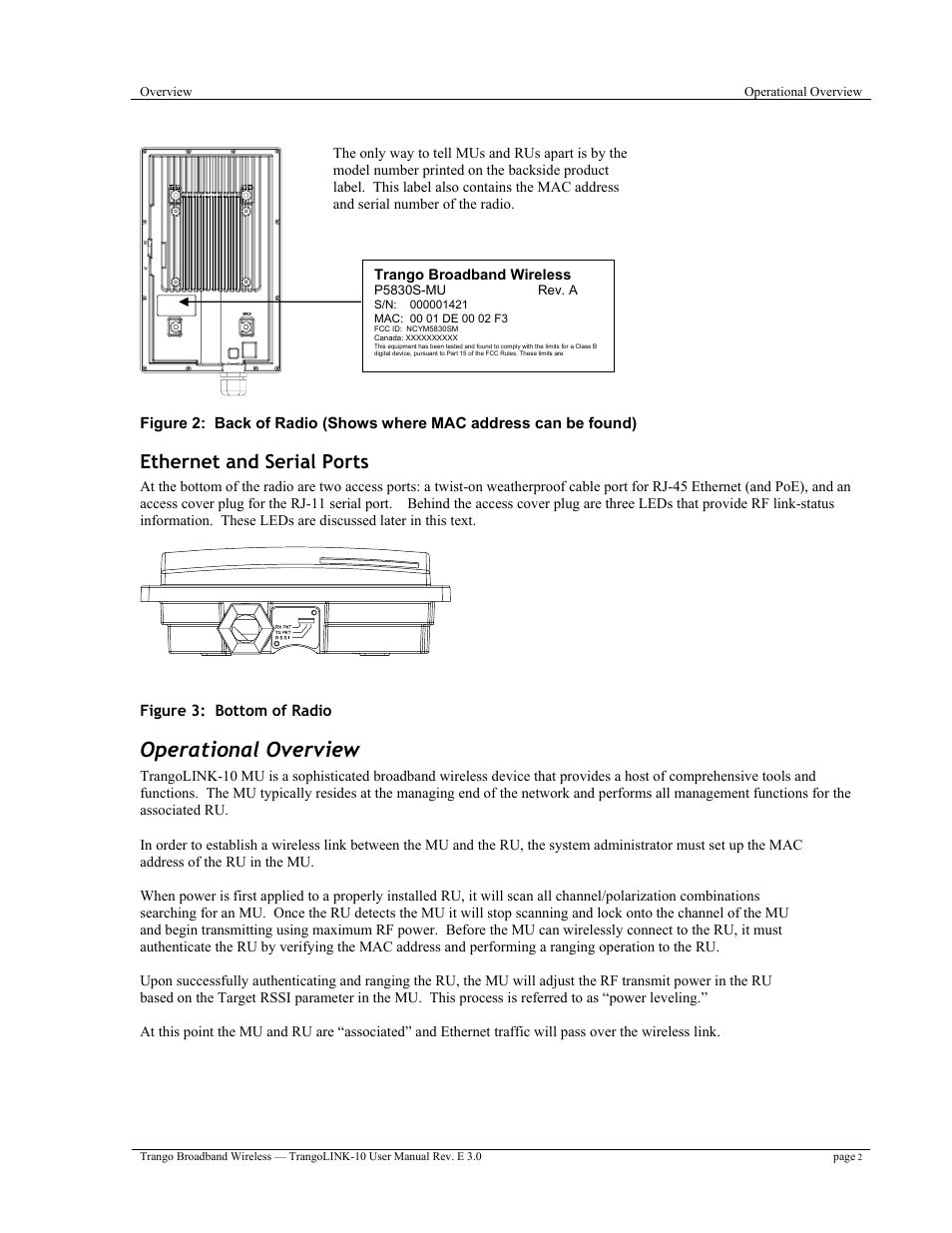 Operational overview, Ethernet and serial ports | Trango Broadband TrangoLink-10 User Manual | Page 6 / 33
