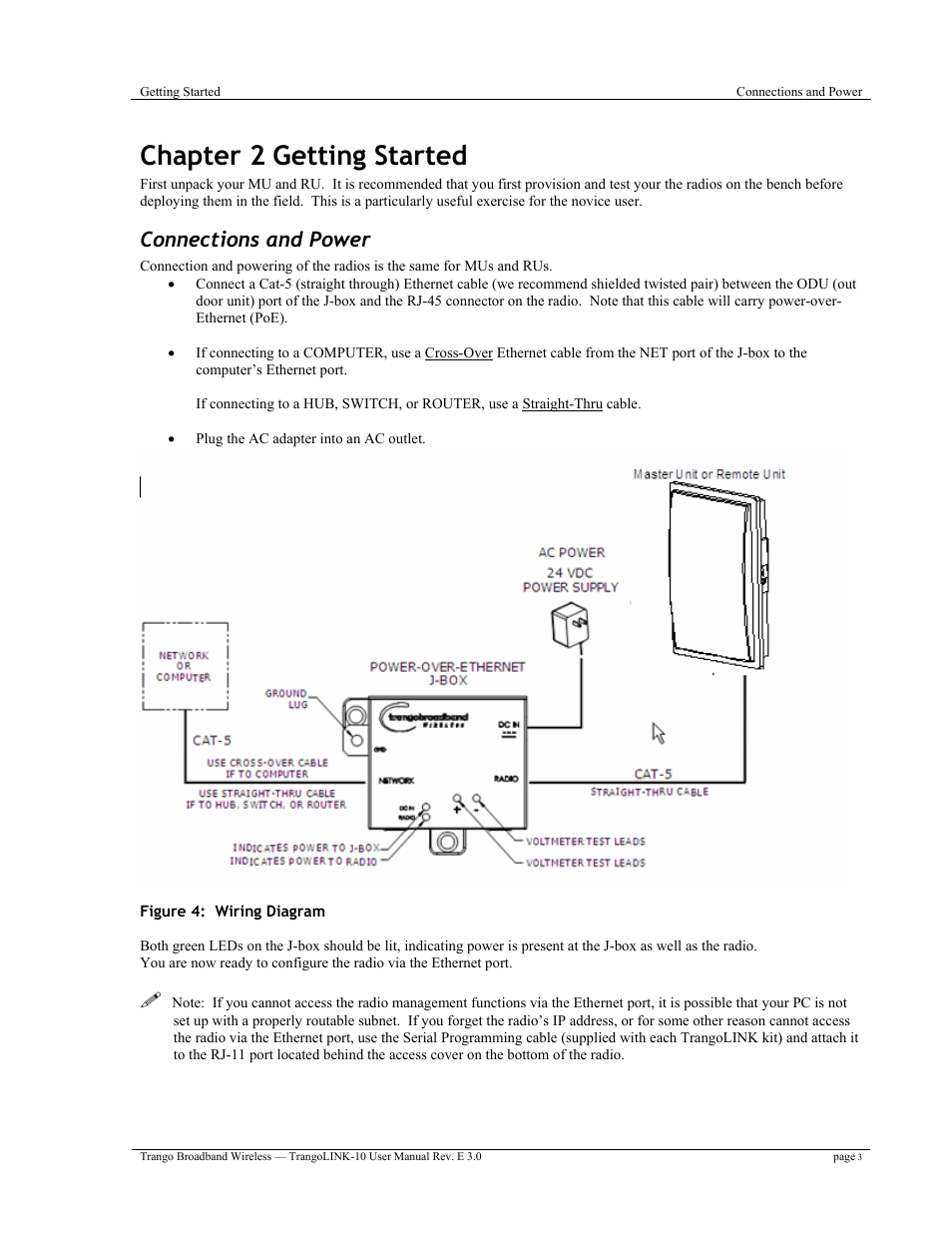 Chapter 2 getting started, Connections and power | Trango Broadband TrangoLink-10 User Manual | Page 7 / 33