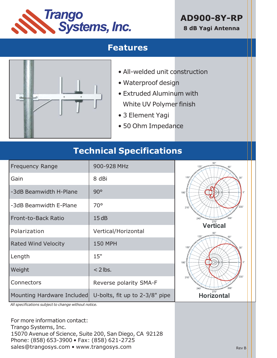 Trango Broadband 8-dB Yagi Antenna AD900-8Y-RP User Manual | 1 page