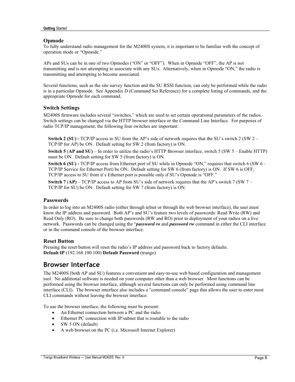 Browser interface | Trango Broadband M2400S User Manual | Page 10 / 50