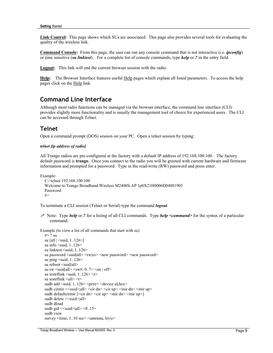 Command line interface, Telnet | Trango Broadband M2400S User Manual | Page 13 / 50