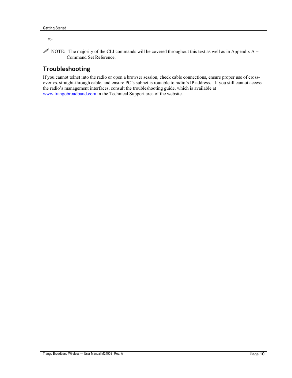 Troubleshooting | Trango Broadband M2400S User Manual | Page 14 / 50