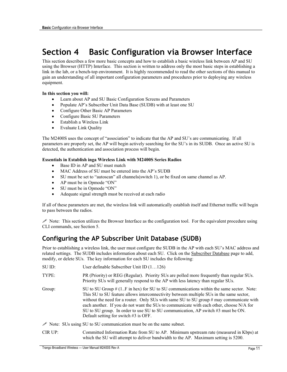 Configuring the ap subscriber unit database (sudb) | Trango Broadband M2400S User Manual | Page 15 / 50