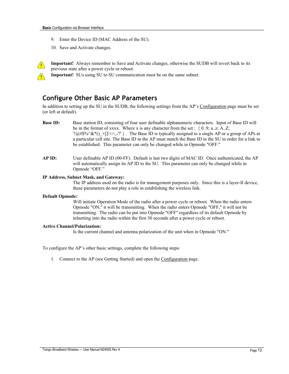 Configure other basic ap parameters | Trango Broadband M2400S User Manual | Page 17 / 50