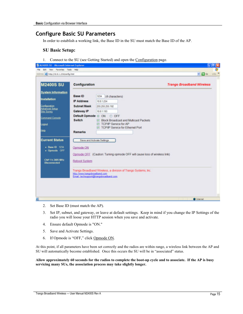 Configure basic su parameters, Su basic setup | Trango Broadband M2400S User Manual | Page 19 / 50