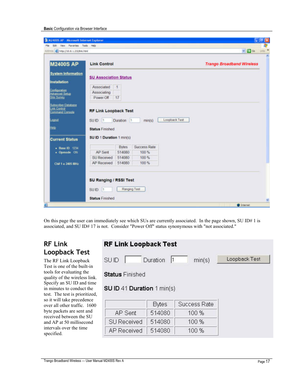 Rf link loopback test | Trango Broadband M2400S User Manual | Page 21 / 50