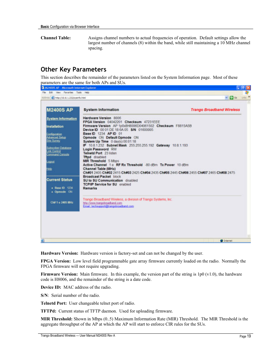Other key parameters | Trango Broadband M2400S User Manual | Page 23 / 50