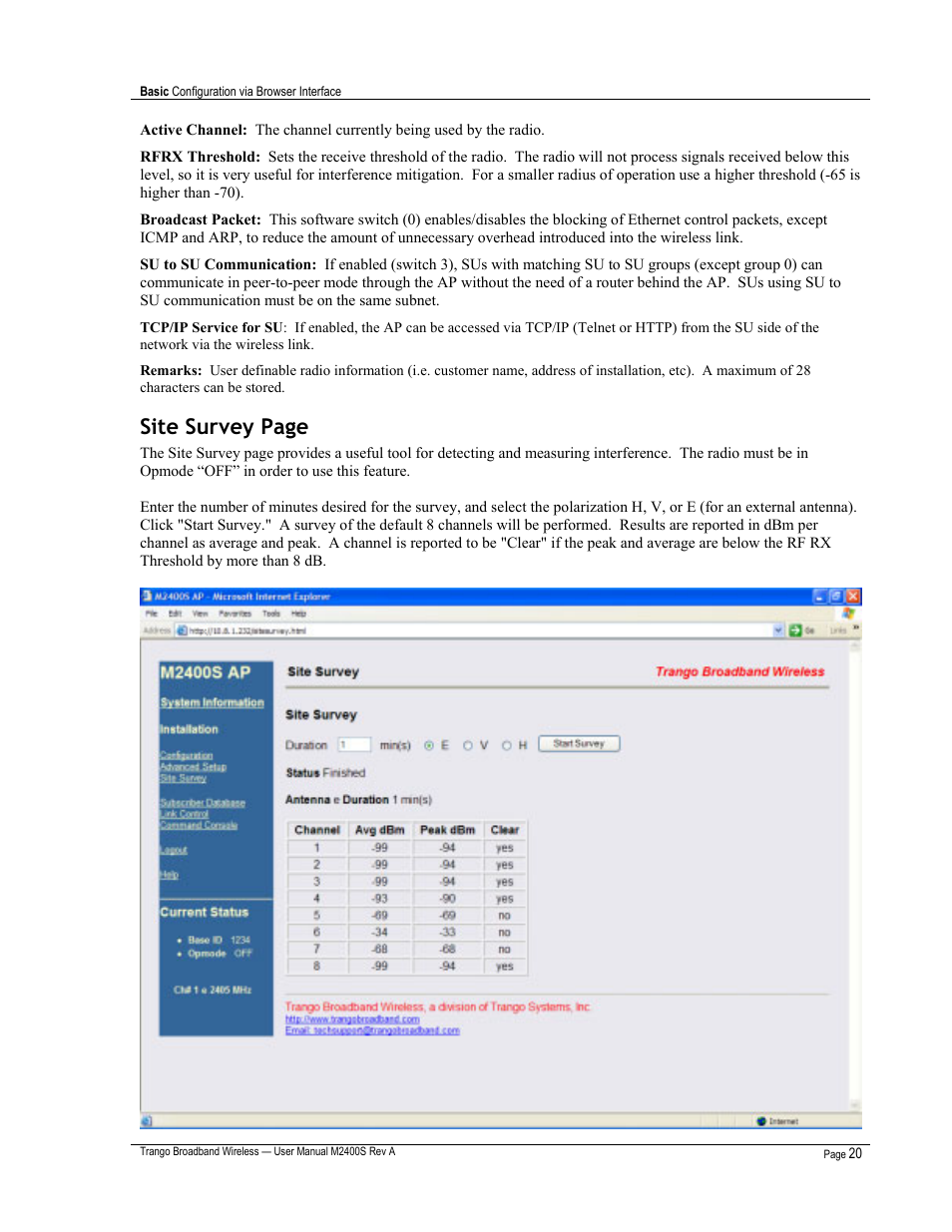 Site survey page | Trango Broadband M2400S User Manual | Page 24 / 50