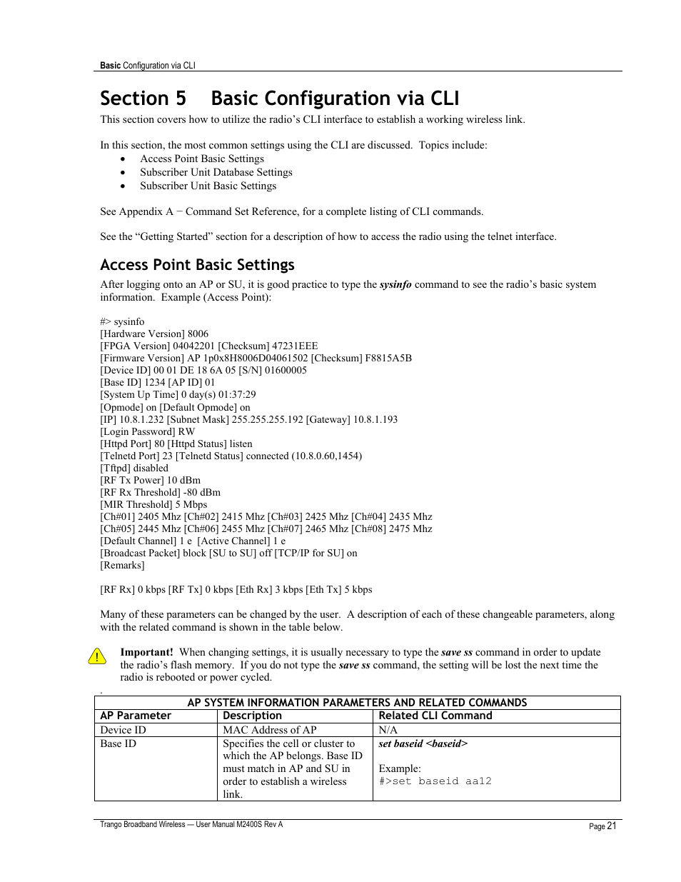 Access point basic settings | Trango Broadband M2400S User Manual | Page 25 / 50
