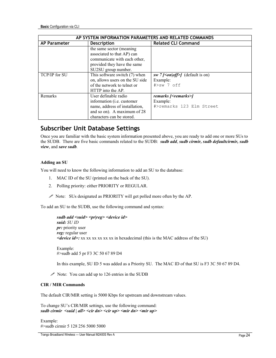Subscriber unit database settings | Trango Broadband M2400S User Manual | Page 28 / 50