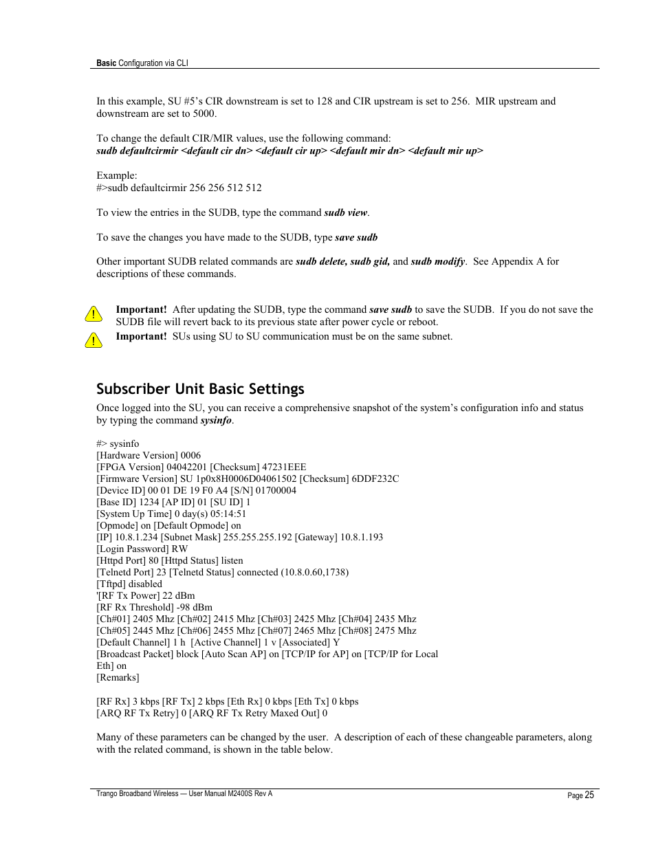Subscriber unit basic settings | Trango Broadband M2400S User Manual | Page 29 / 50